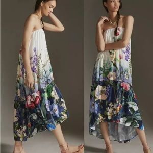 Anthropologie White Strapless Maxi Dress with Navy Floral Hem